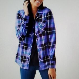 Denim & Co Purple Button Down Top Shacket Plaid Heavenly Jersey Iris Multi Sz XS